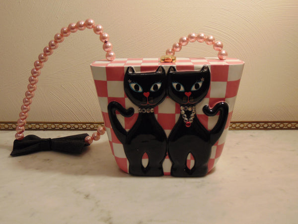 Timmy Woods Preloved Vintage Twin Siamese Cat Pink And White Checked Purse