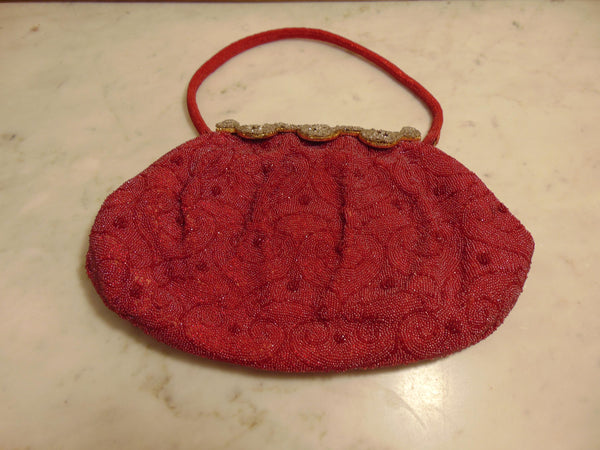 Made In France Red Micro Beaded Evening Purse Prelove Vintage