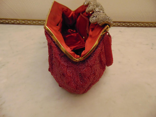 Made In France Red Micro Beaded Evening Purse Prelove Vintage