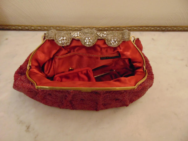 Made In France Red Micro Beaded Evening Purse Prelove Vintage
