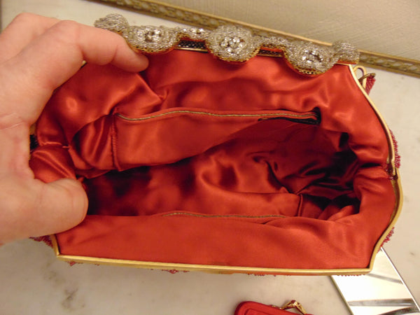 Made In France Red Micro Beaded Evening Purse Prelove Vintage