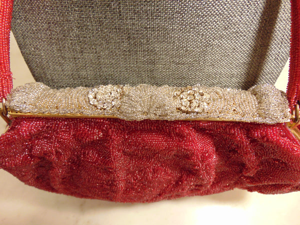 Made In France Red Micro Beaded Evening Purse Prelove Vintage