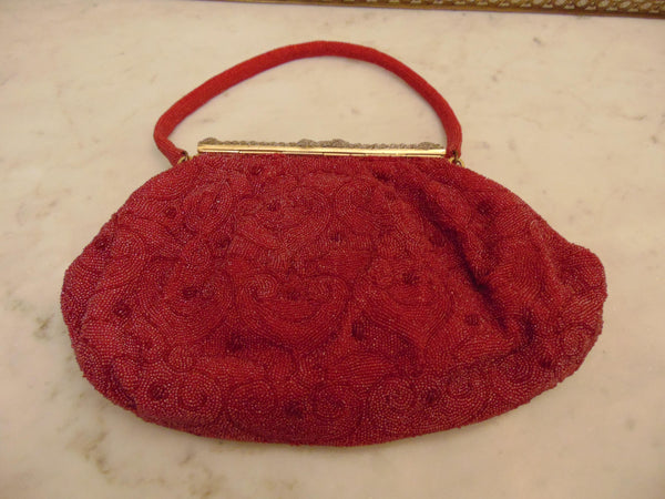 Made In France Red Micro Beaded Evening Purse Prelove Vintage