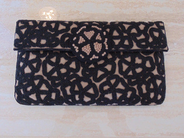 Black Beaded Clutch Roberta Freyman, Wedding Clutch, Vintage Preloved Cotton Bead Purse