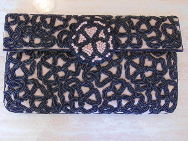 Black Beaded Clutch Roberta Freyman, Wedding Clutch, Vintage Preloved Cotton Bead Purse