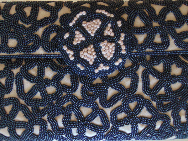Black Beaded Clutch Roberta Freyman, Wedding Clutch, Vintage Preloved Cotton Bead Purse