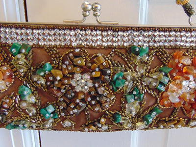 Vintage Yilin Satin Purse with Tigers Eye Handle, Sequins & Stones