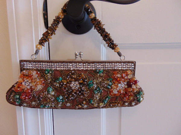 Vintage Yilin Satin Purse with Tigers Eye Handle, Sequins & Stones