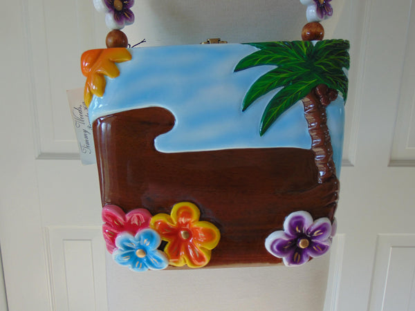 Timmy Woods Pink Flamingo Purse, Tropical Wooden Handbag, Wearable Art