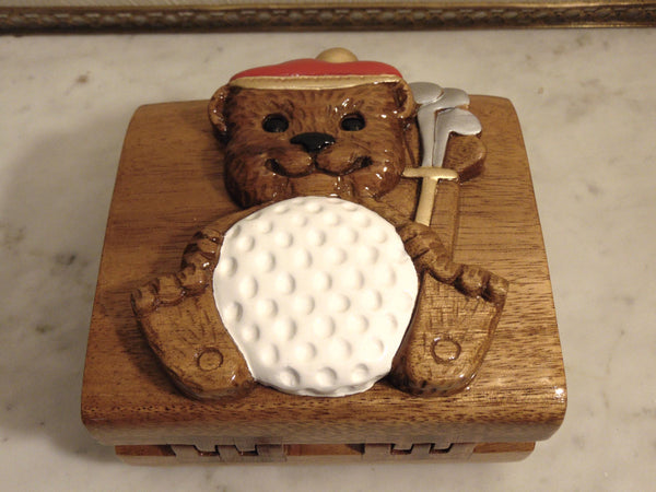 Timmy Woods Vintage Wooden Teddy Bear Golf Purse, Preloved Wearable Art Purses