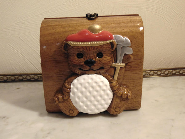 Timmy Woods Vintage Wooden Teddy Bear Golf Purse, Preloved Wearable Art Purses