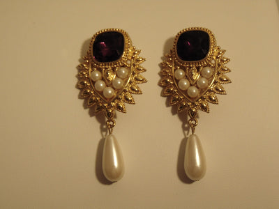 Shaill Jhavery Imperial Elegance Drop Clip Earrings 1993, Pearl-Amethyst-Rubies-Crystal Earrings