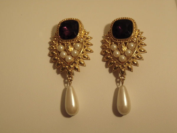 Shaill Jhavery Imperial Elegance Drop Clip Earrings 1993, Pearl-Amethyst-Rubies-Crystal Earrings