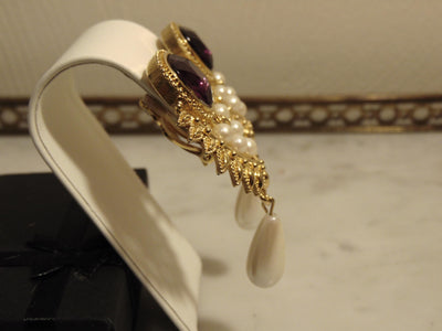 Shaill Jhavery Imperial Elegance Drop Clip Earrings 1993, Pearl-Amethyst-Rubies-Crystal Earrings