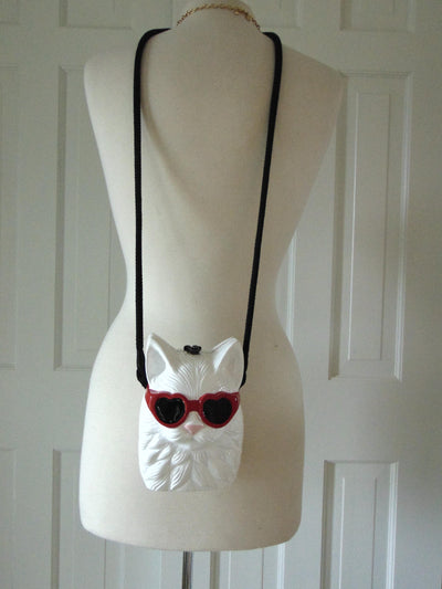 Timmy Woods Wooden White Cat Purse, Preloved Kitty Cat Purses, Handmade Wood Kitten Statue
