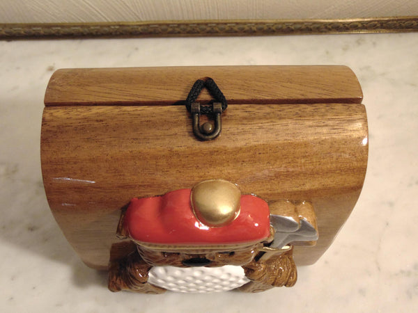 Timmy Woods Vintage Wooden Teddy Bear Golf Purse, Preloved Wearable Art Purses