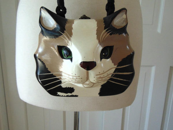 Timmy Woods Acacia Wood Tabby Cat Purse, Vintage Kitty Shoulder Bag