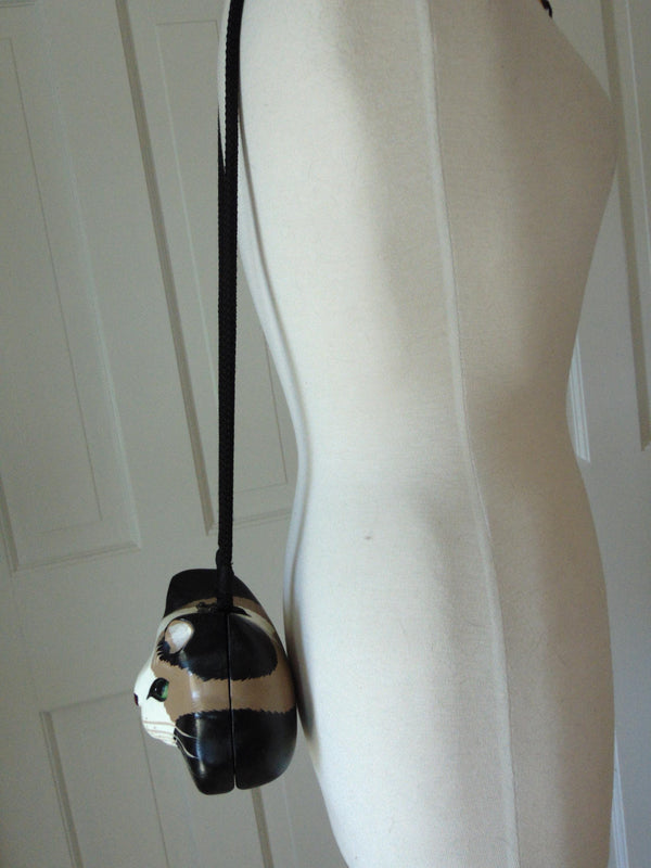 Timmy Woods Acacia Wood Tabby Cat Purse, Vintage Kitty Shoulder Bag