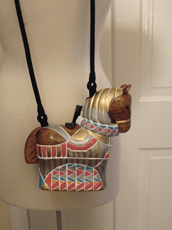 Vintage Timmy Woods Painted Pony Purse, Equestrians Crossbody Purse, Wooden Horse Decor