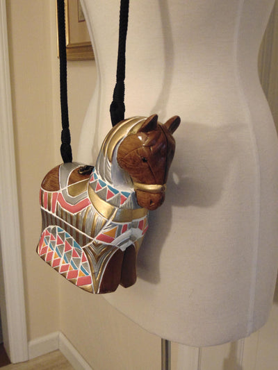 Vintage Timmy Woods Painted Pony Purse, Equestrians Crossbody Purse, Wooden Horse Decor