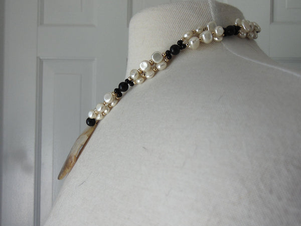 Black Beads White Pearls Seashell Center Necklace, Brach Vacation Necklaces