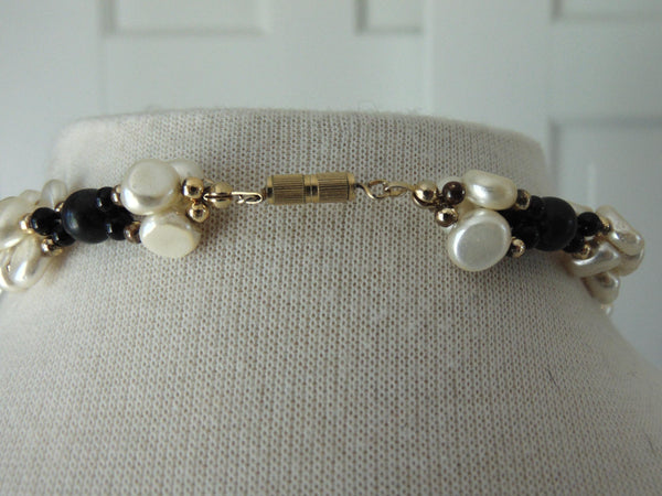 Black Beads White Pearls Seashell Center Necklace, Brach Vacation Necklaces