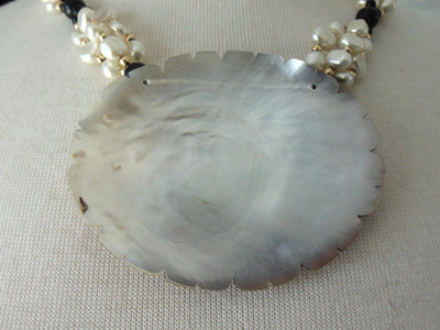 Black Beads White Pearls Seashell Center Necklace, Brach Vacation Necklaces