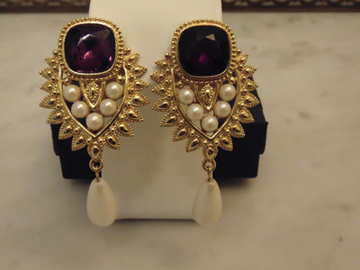 Shaill Jhavery Imperial Elegance Drop Clip Earrings 1993, Pearl-Amethyst-Rubies-Crystal Earrings