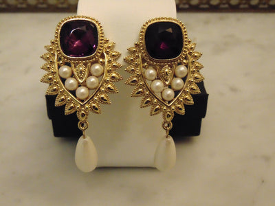 Shaill Jhavery Imperial Elegance Drop Clip Earrings 1993, Pearl-Amethyst-Rubies-Crystal Earrings