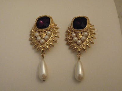 Shaill Jhavery Imperial Elegance Drop Clip Earrings 1993, Pearl-Amethyst-Rubies-Crystal Earrings