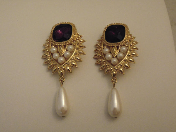 Shaill Jhavery Imperial Elegance Drop Clip Earrings 1993, Pearl-Amethyst-Rubies-Crystal Earrings