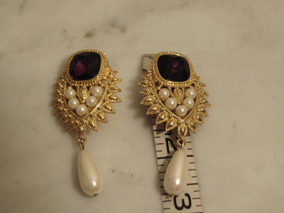 Shaill Jhavery Imperial Elegance Drop Clip Earrings 1993, Pearl-Amethyst-Rubies-Crystal Earrings