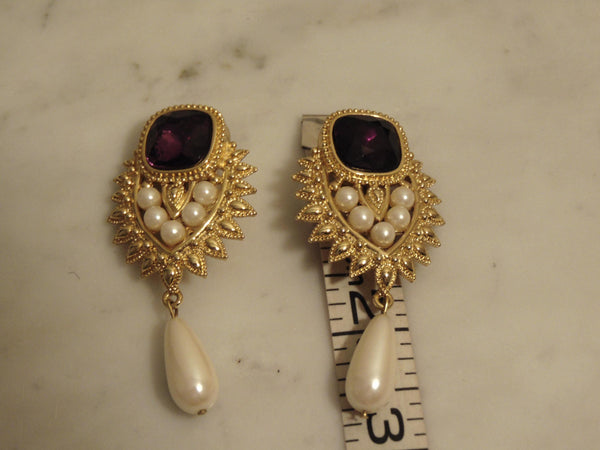 Shaill Jhavery Imperial Elegance Drop Clip Earrings 1993, Pearl-Amethyst-Rubies-Crystal Earrings