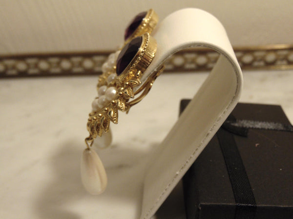 Shaill Jhavery Imperial Elegance Drop Clip Earrings 1993, Pearl-Amethyst-Rubies-Crystal Earrings
