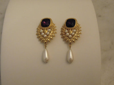 Shaill Jhavery Imperial Elegance Drop Clip Earrings 1993, Pearl-Amethyst-Rubies-Crystal Earrings