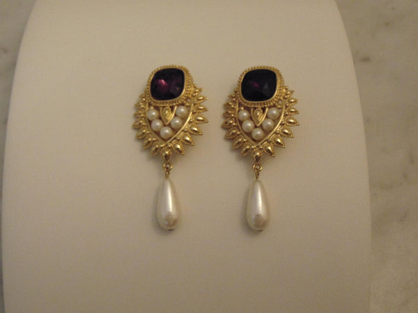 Shaill Jhavery Imperial Elegance Drop Clip Earrings 1993, Pearl-Amethyst-Rubies-Crystal Earrings