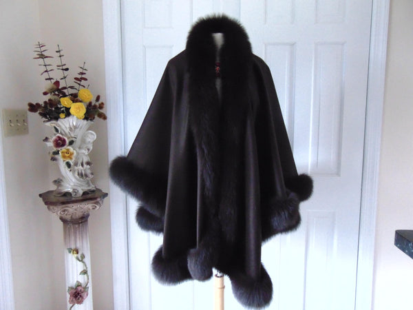 One Size Brown  Shawl Trimmed In Fox Fur, Peri 100% Wrap Brown