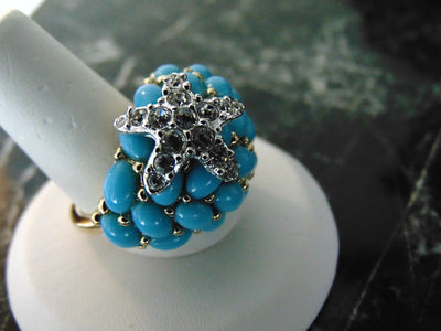 Kenneth Jay Lane Faux Turquoise Dome Star Ring, Gold Tone Crystal Accent