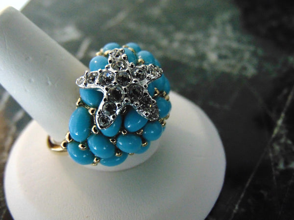 Kenneth Jay Lane Faux Turquoise Dome Star Ring, Gold Tone Crystal Accent