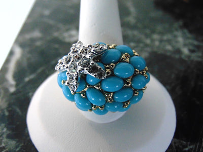 Kenneth Jay Lane Faux Turquoise Dome Star Ring, Gold Tone Crystal Accent
