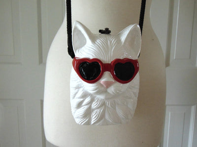 Timmy Woods Wooden White Cat Purse, Preloved Kitty Cat Purses, Handmade Wood Kitten Statue