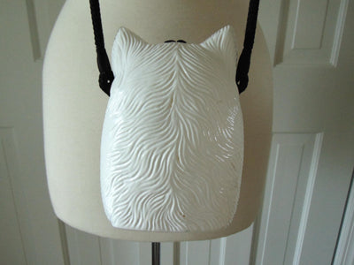 Timmy Woods Wooden White Cat Purse, Preloved Kitty Cat Purses, Handmade Wood Kitten Statue
