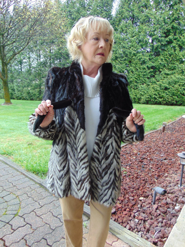 Black And Grey Section Mink Jacket Size Med.