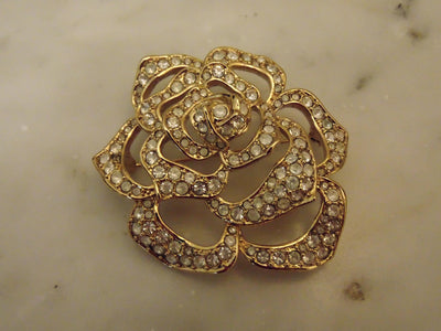 Vintage Elizabeth Taylor Passion Flower Brooch: Gold Crystal Rose Pin
