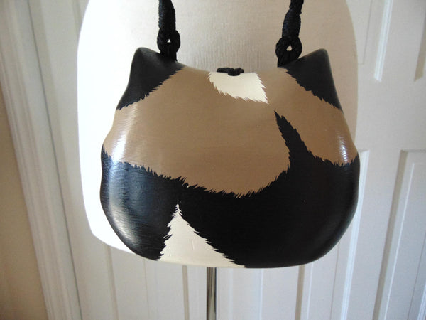 Timmy Woods Acacia Wood Tabby Cat Purse, Vintage Kitty Shoulder Bag