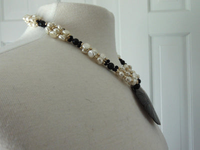 Black Beads White Pearls Seashell Center Necklace, Brach Vacation Necklaces