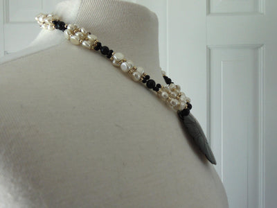 Black Beads White Pearls Seashell Center Necklace, Brach Vacation Necklaces