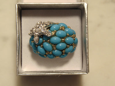 Kenneth Jay Lane Faux Turquoise Dome Star Ring, Gold Tone Crystal Accent