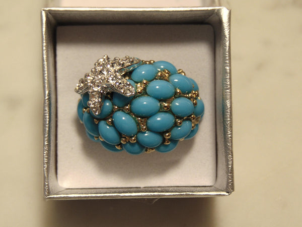 Kenneth Jay Lane Faux Turquoise Dome Star Ring, Gold Tone Crystal Accent