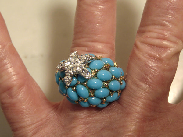 Kenneth Jay Lane Faux Turquoise Dome Star Ring, Gold Tone Crystal Accent